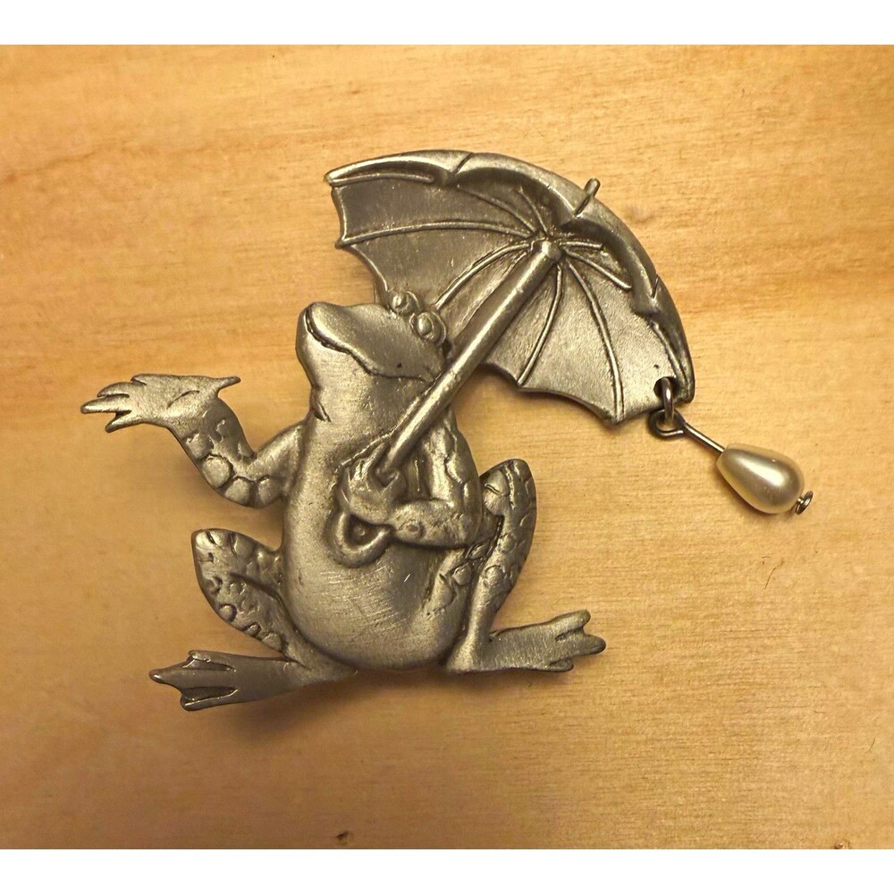 Vintage JJ Jonette Jewelry Pewter Frog Umbrella Faux Pearl Raindrop Brooch Pin